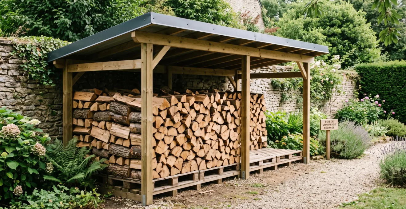 Abri à bois extérieur avec toit couvert et côtés ouverts, bûches de feuillus empilées sur palettes en bois dans un jardin français, lumière naturelle douce