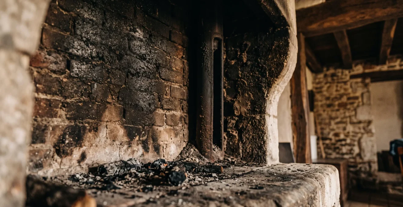 Gros plan sur l'intérieur d'un conduit de cheminée en brique avec dépôts de suie noire visibles sur les parois, éclairage rasant révélant la texture des résidus accumulés