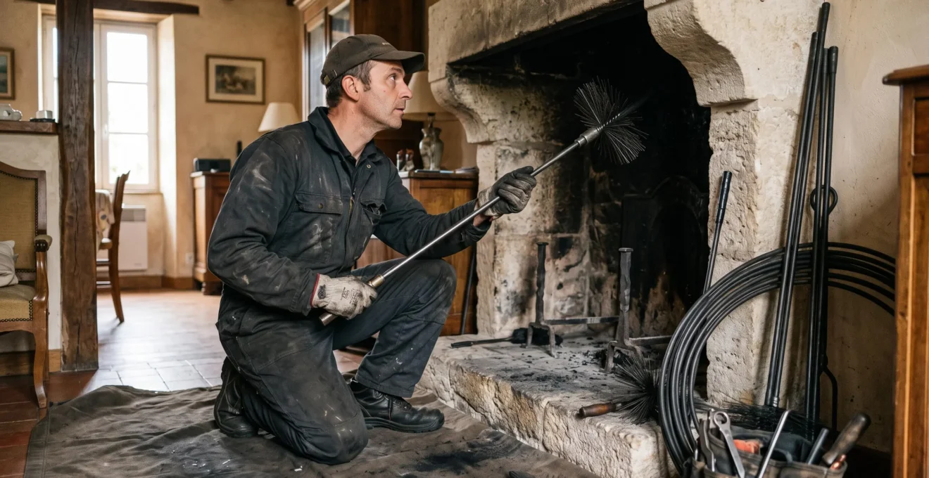 Ramoneur professionnel en tenue de travail insérant un hérisson métallique de ramonage dans le conduit d'une cheminée en pierre, intérieur français avec bâche de protection au sol