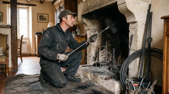 Ramoneur professionnel en tenue de travail insérant un hérisson métallique de ramonage dans le conduit d'une cheminée en pierre, intérieur français avec bâche de protection au sol