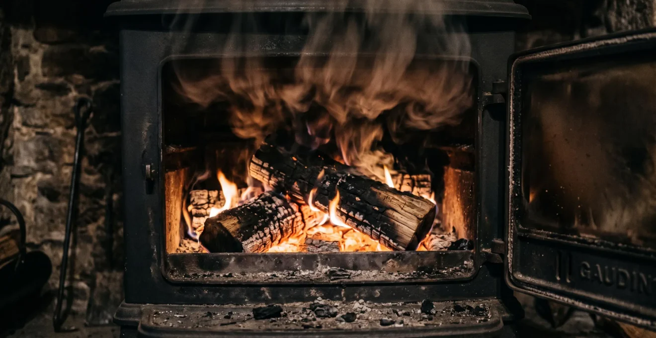Vue rapprochée d'un feu en combustion dans un poêle à bois avec flammes basses et fumée dense s'élevant de bûches partiellement brûlées, montrant une combustion incomplète